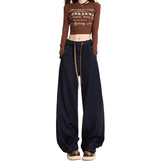 如续 秋款四面弹抗皱免烫休闲垂顺防褪色松紧腰头宽松直筒窄阔大码牛仔裤 女款