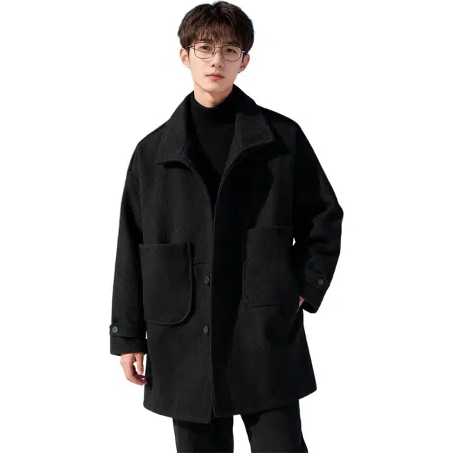 华夏儿女 日系工装纯色毛呢加厚落肩单排扣时尚风衣简约休闲大衣翻领美式复古高级学院风基础款超大口袋设计百搭夹克 男女同款