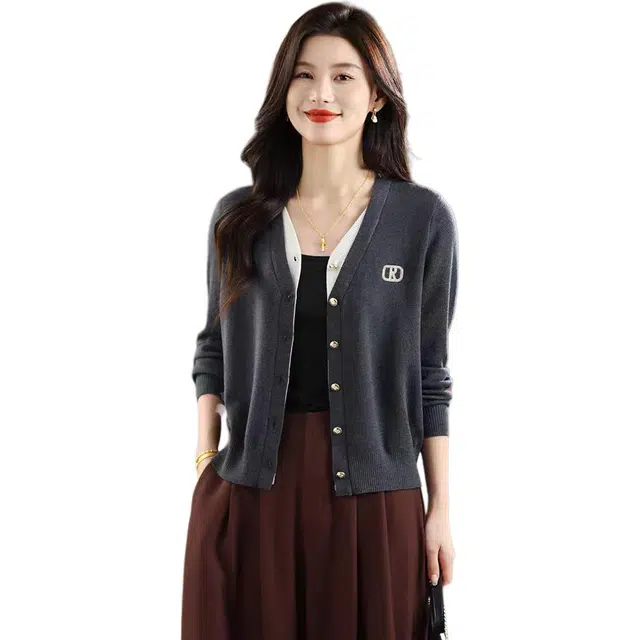 沐晓欣 假两件外套女春秋短款开衫轻奢高级感漂亮外穿针织衫 女款