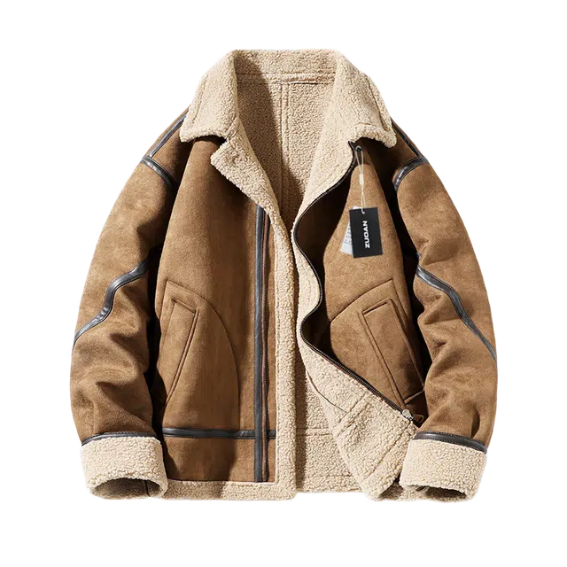 左岸 加绒加厚皮衣夹克美式复古高街百搭拉链开衫翻领麂皮绒上衣休闲宽松秋冬防风保暖棉袄外套棉服 男款