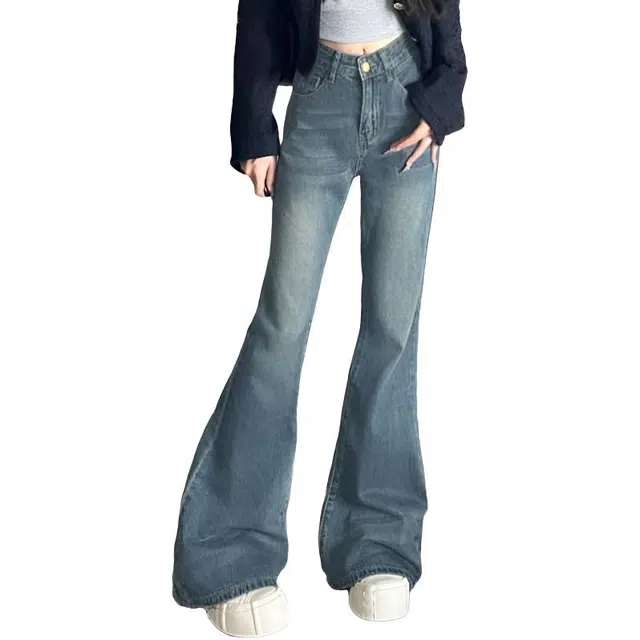 囍鱼少女 高级气质微喇裤洋气高腰女弹力宽松显瘦喇叭裤小众牛仔裤 女款