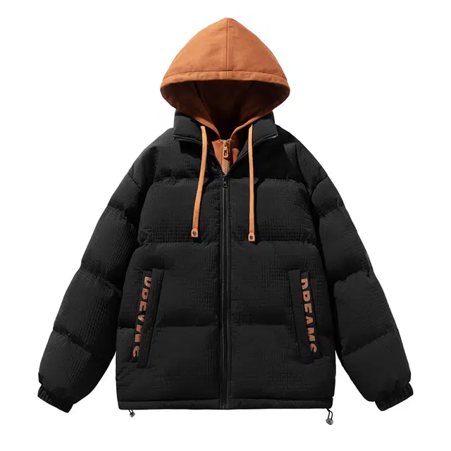 棉基因 冬季撞色假两件格纹连帽优质棉棒球服保暖高个小个子日系男简约潮流夹棉袄子美式高街工装风青少年职场通勤学院棉衣外套 男女同款