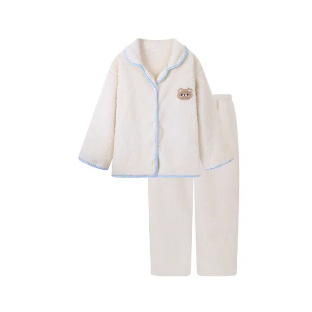 米囹 秋冬季珊瑚绒加绒加厚可外穿法兰绒家居服睡衣套装 女款