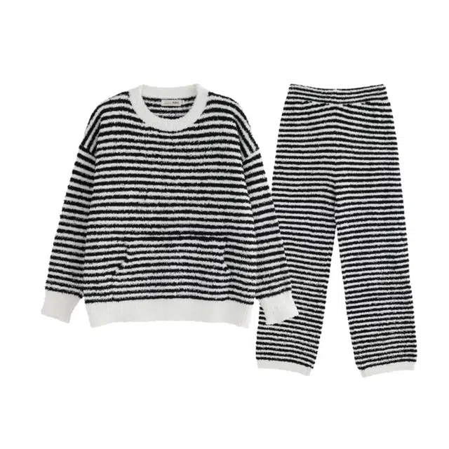 米囹 圆领条纹半边绒女秋冬季软糯糯毛绒针织大码家居服睡衣套装 女款