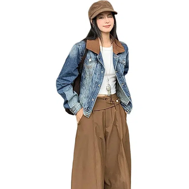 如续 复古麂皮领落肩水洗蓝宽松夹克休闲街头百搭修身显瘦 牛仔外套 女款