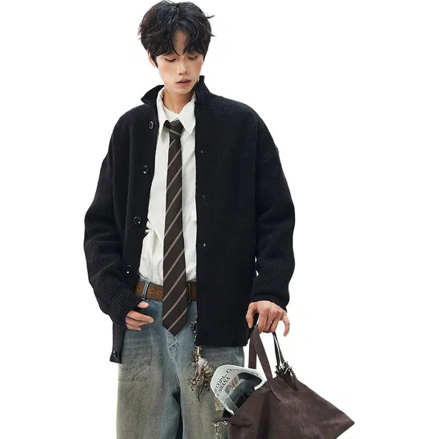 洋气先生 美式潮牌复古纯色简约时尚软糯舒适保暖御寒开衫外穿毛线毛衫户外日常通勤基础款无性别主义半高领落肩袖休闲百搭针织衫 男女同款