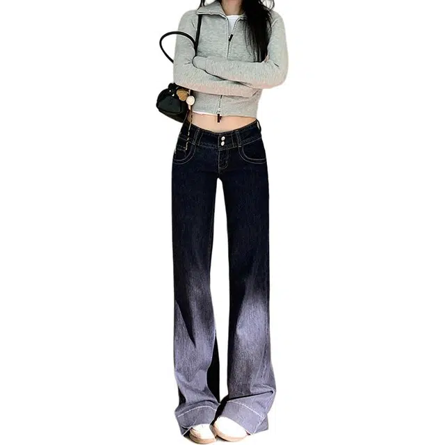 如续 冬季美式低腰显瘦微弹水洗微宽松直筒显高百搭牛仔裤 女款