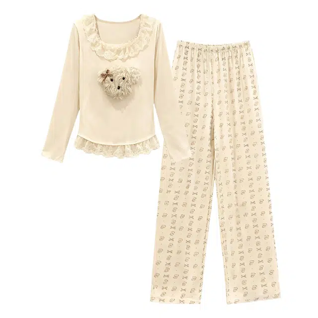 橡柠派  可爱卡通萌趣小狗蕾丝花边高级感长袖长裤套头两件套舒适亲肤柔软温婉辣妹家居服睡衣套装 女款