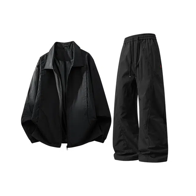 顶峰保罗 美式高街纯色弹力抽绳长裤一整套简约显高显瘦两件装无性别主义宽松大码通勤休闲运动套装 男女同款