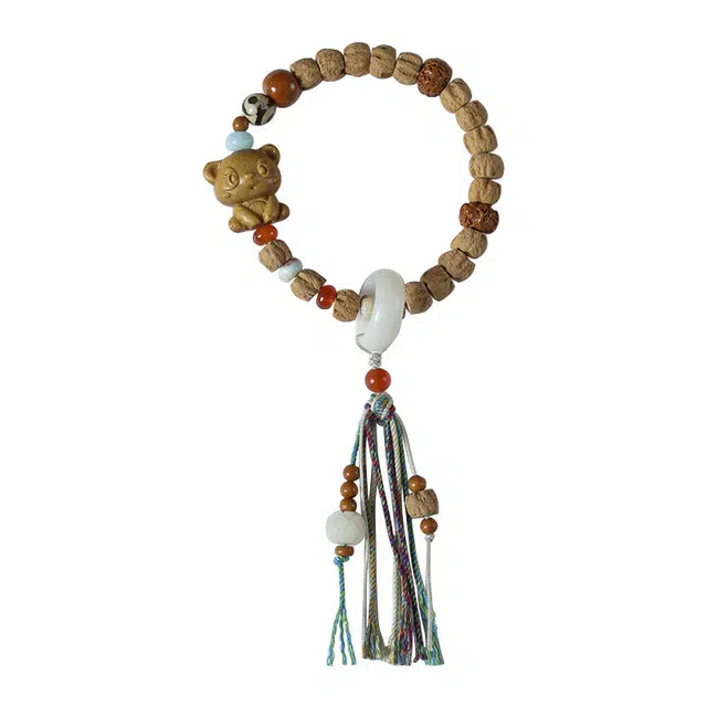 茂琼 吉祥如意新中式国潮时尚复古设计潮流百搭百民族风格配饰可爱小熊藏式流苏挂件 柏香籽/百香籽 菩提类手串 女款