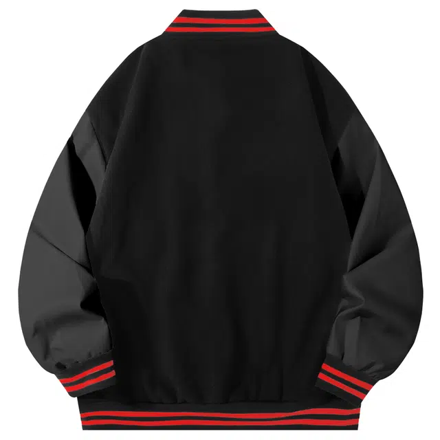 西行纪  毛呢条纹拼接皮质撞色美式复古高街学院风字母植绒工艺设计宽松百搭休闲通勤运动落肩单排扣飞行员夹克棒球服 男女同款