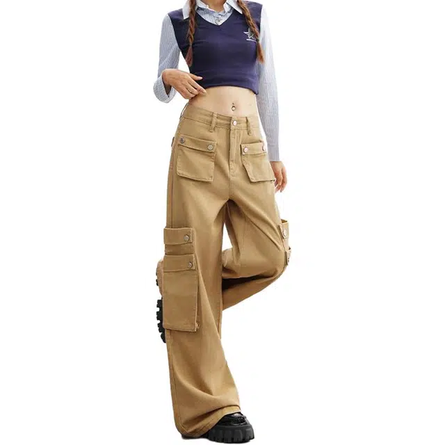 如续 美式高腰多口袋钉珠小众设计感休闲工装风长裤百搭宽松阔腿显瘦牛仔裤 女款