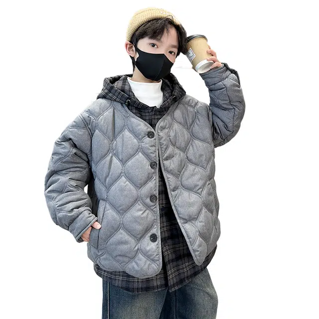 浪莎休闲棉衣 冬季 加棉加厚拼接格子棉服 青少年