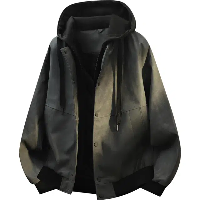 洋气先生 美式复古浅扎染假两件单排扣设计连帽宽松休闲舒适保暖防风日常户外通勤徒步简约百搭无性别主义外套夹克 男女同款