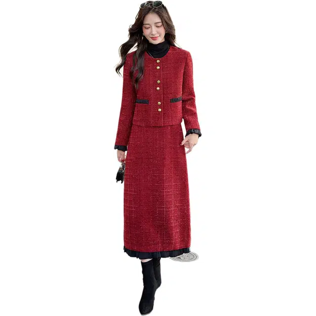 袋鼠 小香风高级感气质名媛呢子外套半身裙两件套裙装套装 女款