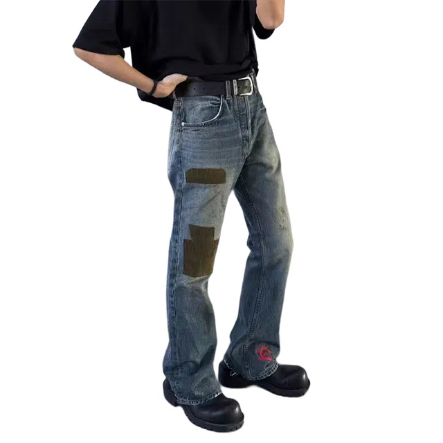 一碗士多 水洗拼接补丁印花美式复古高街时尚流行痞帅个性高级设计日常通勤宽松舒适百搭不挑人牛仔裤 男女同款