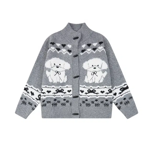 虫小绿 潮牌穿搭可爱小狗提花设计感费尔岛开衫外套毛衣保暖秋冬季氛围感气质宽松百搭情侣针织衫 男女同款