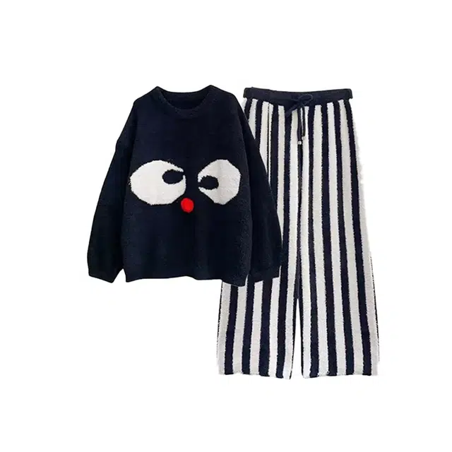 米囹 冬季圆领套头半边绒女卡通甜美保暖家居服两件套睡衣套装 女款