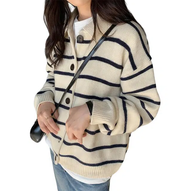 丝絮丝绸 复古秋冬休闲宽松百搭条纹上衣针织衫 女款