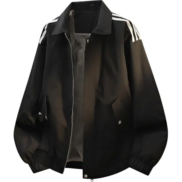 洋气先生 潮牌美式学院风侧边三条杠印花设计痞帅嘻哈风机能落肩宽松翻领拉链加绒长袖日常户外通勤百搭工装外套夹克 男女同款