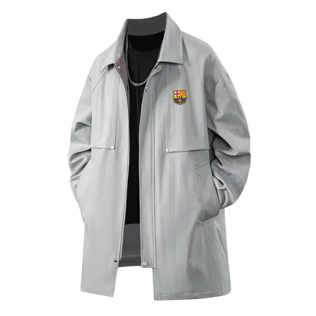 巴塞罗那足球俱乐部 美式复古简约纯色单排扣拉链日常通勤百搭防风保暖舒适宽松大码中长款夹克风衣 男女同款