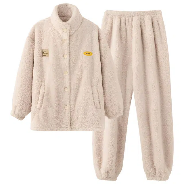 莫代尔 秋冬季珊瑚绒加绒加厚法兰绒高领韩版简约家居服保暖舒适睡衣套装 女款