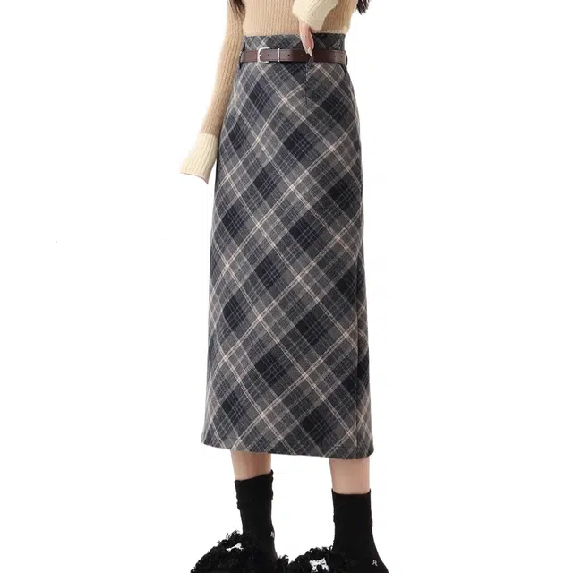 囍鱼少女 毛呢格子半身裙高腰显瘦开叉包臀裙休闲长裙 女款