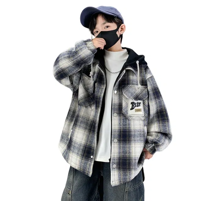 浪莎休闲棉衣 冬季 夹棉加厚时尚格子棉服 黑色 青少年