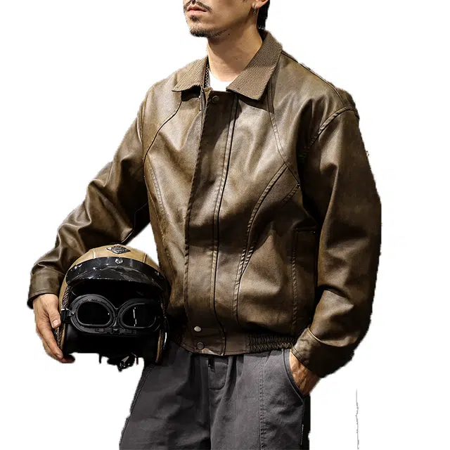 路杰邦 美式经典复古软男宽松机车服潮牌硬汉皮夹克外套男春秋款皮衣 男款