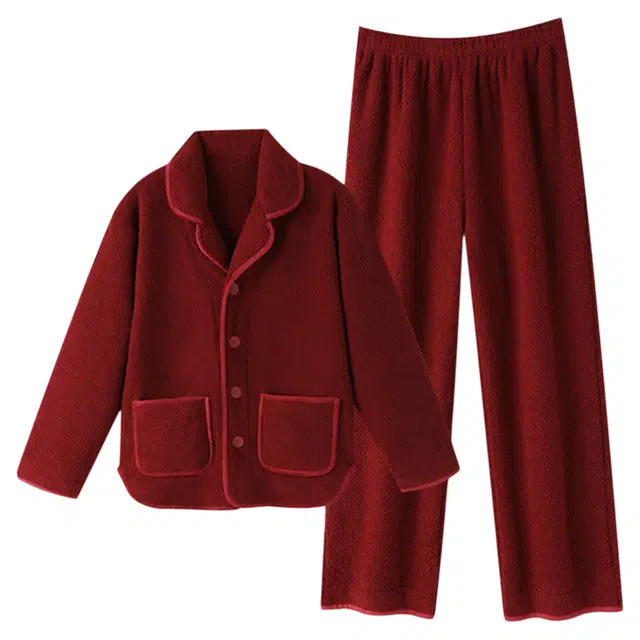 潞优野 经典休闲舒适保暖法兰绒家居服秋冬季珊瑚绒纯色本命年结婚喜庆睡衣套装 男款
