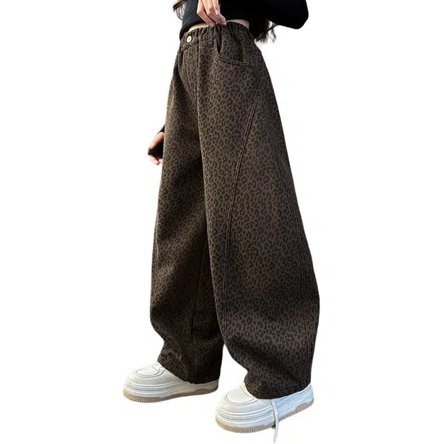 蓝彩何长裤 女童秋冬季韩版休闲豹纹工装裤套装女大童时髦洋气儿童秋装阔腿裤潮