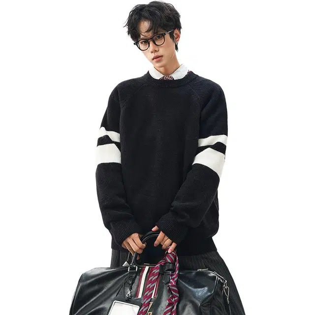 洋气先生 美式潮牌复古撞色拼接简约时尚软糯舒适保暖御寒内搭毛线毛衫户外日常通勤基础款无性别主义圆领落肩袖休闲百搭针织衫 男女同款