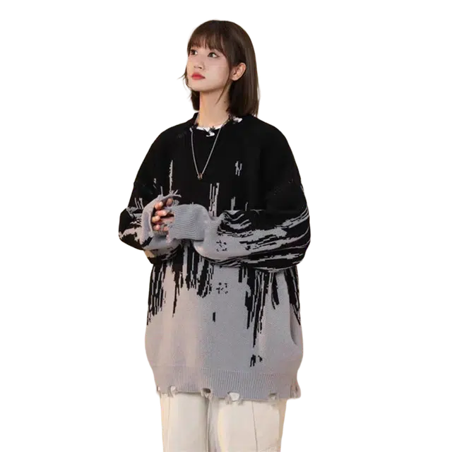 一碗士多 拼接解构撞色不规则美式复古高街时尚流行痞帅个性高级设计日常通勤宽松舒适百搭不挑人针织衫 男女同款