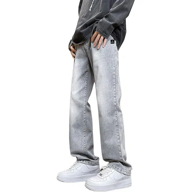 法文箱子 美式高街做旧牛仔裤宽松显瘦简约设计感百搭休闲直筒裤 男款