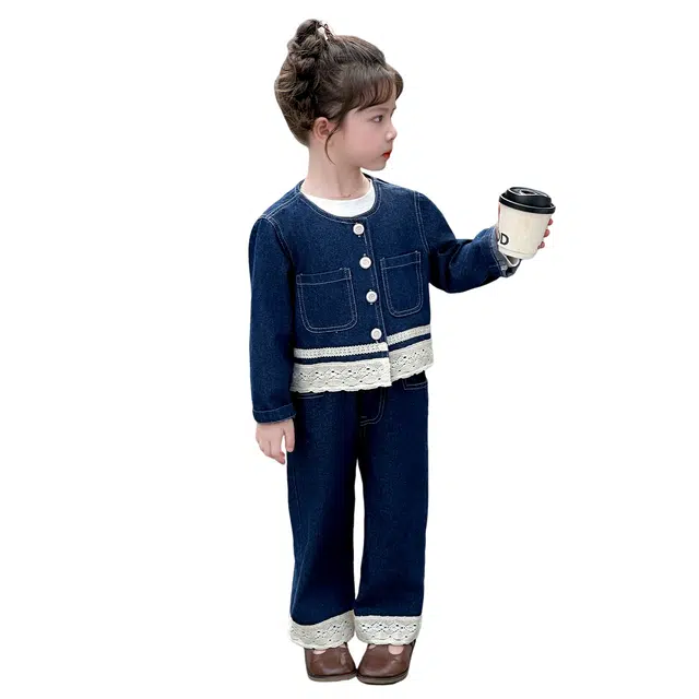 浪莎休闲运动套装 春秋 潮流时尚花边牛仔两件套 蓝色 中小童