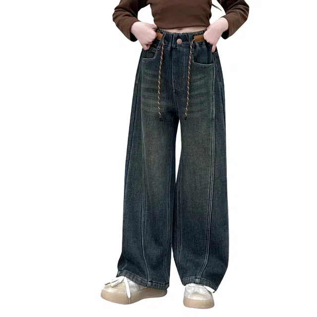 蓝彩何牛仔裤 女大童阔腿裤春秋冬季女孩休闲加绒香蕉裤初中生长裤子