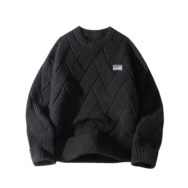 暴走的萝莉 复古潮流简约基础款纯色棱形纹品牌车标设计时尚休闲无性别主义日常通勤宽松落肩圆领毛衣 男女同款