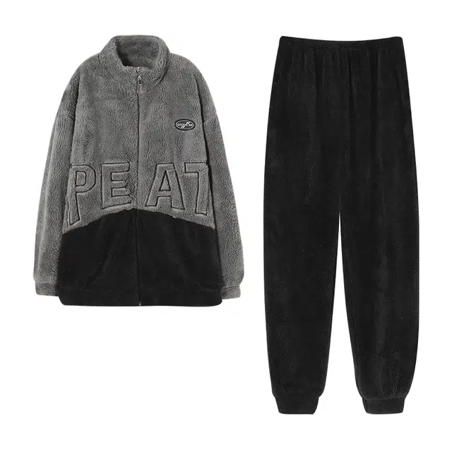 俏霓桐 时尚厚款拉链加绒加厚保暖防寒蓄温撞色简约长袖家居服可外穿睡衣套装 男款