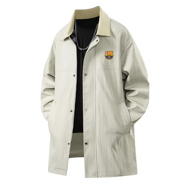 巴塞罗那足球俱乐部 纯色经典基础复古英伦风双排扣休闲宽松中长款高级感韩系翻领外套风衣 男女同款