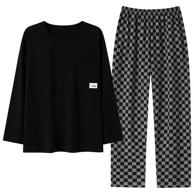 俏霓桐 黑色时尚格子简约休闲轻奢高级感圆领长袖长裤家居服可外穿睡衣套装 男款