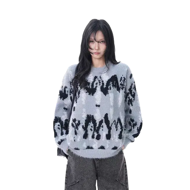 一碗士多 泼墨条纹圆领套头美式复古高街时尚流行痞帅个性高级设计日常通勤宽松舒适百搭不挑人针织衫 男女同款