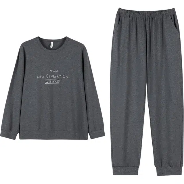 浮光岛屿 礼盒款 柔软舒适纯棉圆领休闲简约宽松可外穿长袖睡衣 家居服套装 男款 麻灰色