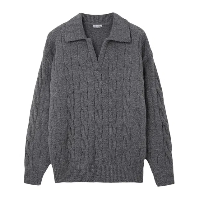 冈哉 假两件翻领麻花拼接上衣美式复古慵懒风简约舒适时尚百搭街头针织衫 男女同款