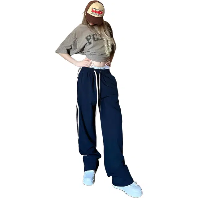 囍鱼少女 美式高街三条杠运动裤女秋冬宽松直筒阔腿卫裤休闲裤 女款