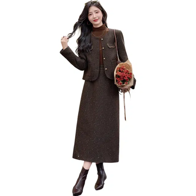 袋鼠 千金小香风羊毛外套半身裙轻奢高级感气质两件套裙装套装 女款