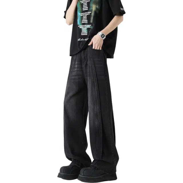 图兰朵 美式复古高街重工水洗猫须做旧潮流痞帅阔腿微喇弯刀高级感中腰显高显瘦柔软不硬亲肤舒适休闲通勤直筒牛仔裤 男女同款