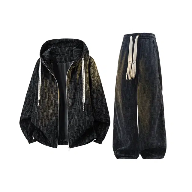 顶峰保罗 满印花纹工装连帽开衫夹克扎染灯芯绒脏脏裤一整套无性别主义潮牌弹力抽绳显高显瘦两件装简约百搭大码休闲运动套装 男女同款