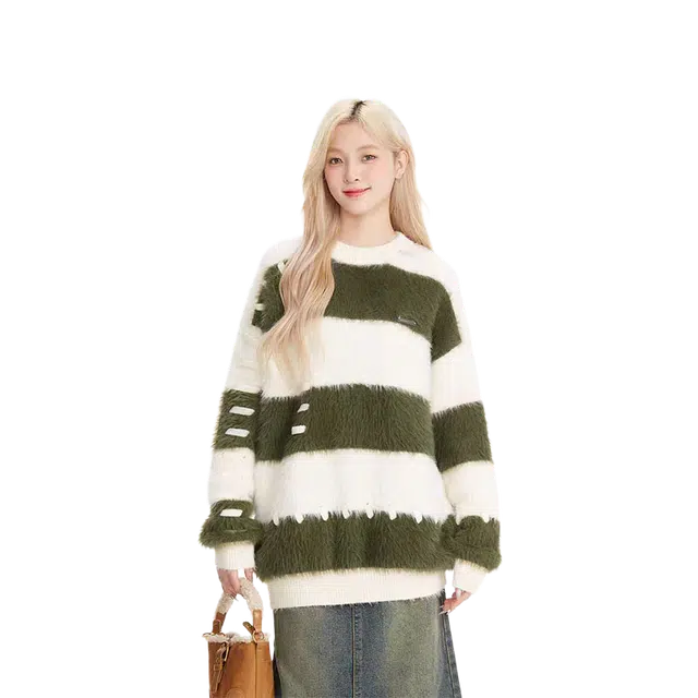 一碗士多 条纹拼接补丁圆领套头美式复古高街时尚流行痞帅个性高级设计日常通勤宽松舒适百搭不挑人针织衫 男女同款