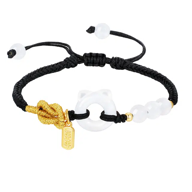 【暴富招财喵】 珍·尚银 中国黄金 萌宠系列 新中式平安扣设计手饰 小众轻奢 礼盒 玉髓 手绳 男女同款情侣款