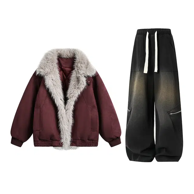 梓润格 秋冬港风氛围高级设计户外个性宽松廓形座山雕无性别主义加厚保暖夹克水洗拉链牛仔裤男美式阔腿长裤子休闲运动套装 男女同款